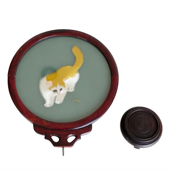 New Vintage Chinese Double-Sided Su Silk Embroidery-Grey & Gold Cat 8” Handmade